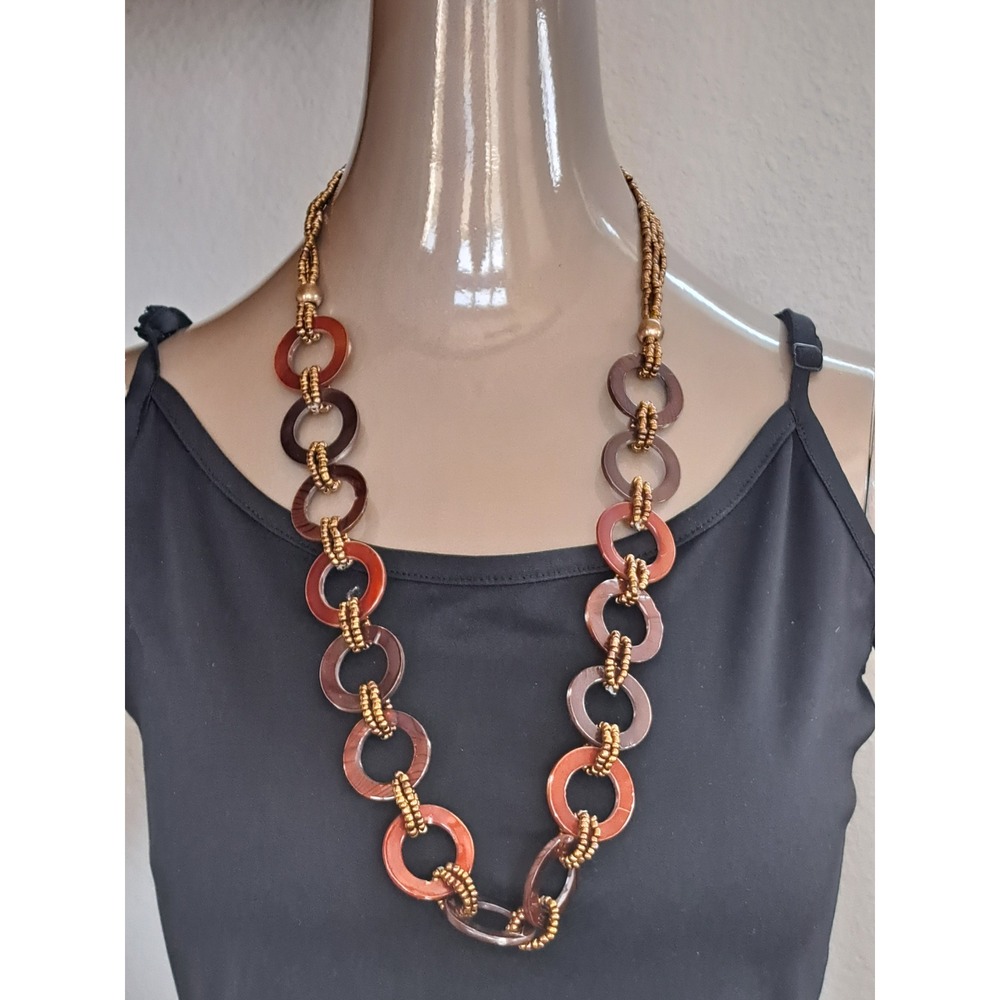 Brown Tortoise Shell Link Statement Necklace Bronze Seed Bead Accent Adjustable